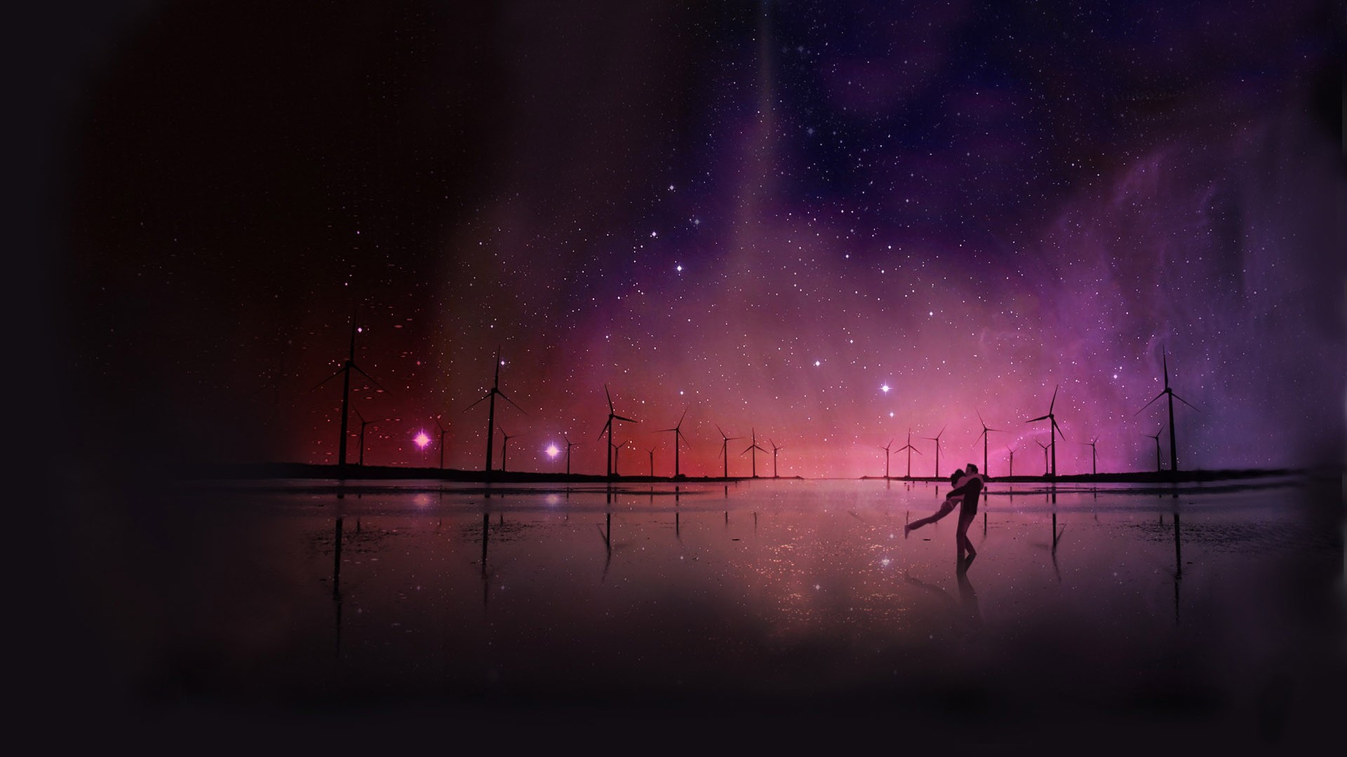 深邃的夜空中，绚烂的紫色星云如轻纱般曼舞，璀璨银河倾泻而下，化作无数闪烁的钻石，温柔地包裹着一对在星空下相拥的恋人剪影，仿佛整个宇宙都在为这一刻的浪漫加冕。