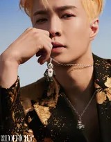 张艺兴侧身立于旷野，镭射面料外套折射出未来感光泽，他低头沉思，侧颜轮廓在奇异光线中显得格外深邃。