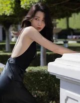 殷桃坐于高脚凳上，裙摆如花般铺开，她低头浅笑，流露出不经意间的温柔与羞涩