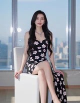 身着黑色碎花长裙的长发少女侧身倚靠于明亮的都市落地窗前，柔和的光线勾勒出她优雅的面部轮廓与纤细身姿，眼眸低垂间流露静谧思绪