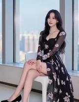 少女背对镜头立于窗前，逆光将她曼妙的身形与碎花裙的纹理转化为一幅充满故事感的剪影，都市的繁华在窗外模糊成斑斓光点