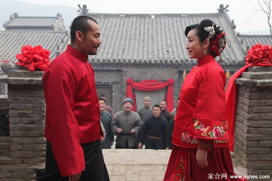 秦海璐立于高粱地边，红衣与绿野相映，画面充满强烈视觉冲击与象征意义